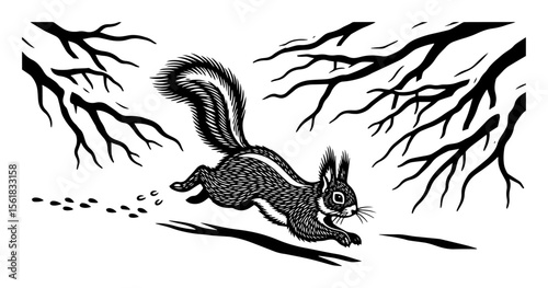 squirrel running through forest, retro engraved woodland vector illustration in black and white