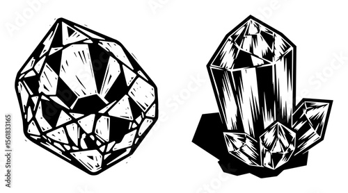 black and white vector of cut diamond and crystal cluster, faceted gemstone and quartz mineral style