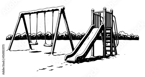 black and white vector of snowy playground with swings and slide, quiet winter park scene