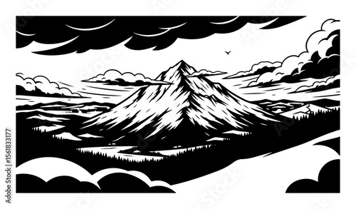 Majestic mountain landscape vector engraving – dramatic snow‑capped peak rising above rolling hills, swirling clouds and sun rays, black and white scenery