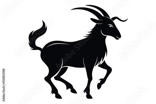 Striking black silhouette of a goat depicted with graceful lines and a dynamic posing against a white background