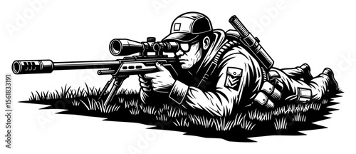 black and white vector of sniper aiming rifle while lying prone in grass, wearing tactical gear