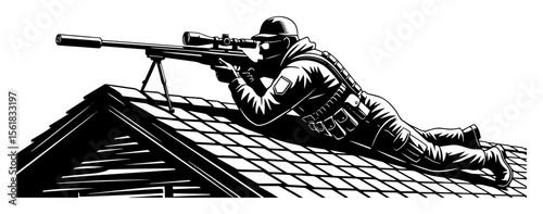 black and white vector of tactical sniper aiming from rooftop position with rifle and gear