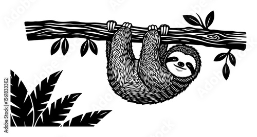 Cute sloth vector engraving – smiling rainforest animal hanging lazy from tropical tree branch with leaves, detailed black and white wildlife illustration