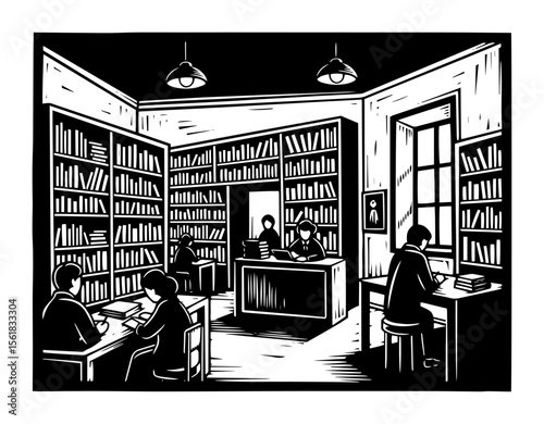 Library reading room vector engraving – quiet public library with bookshelves, students studying at desks and librarian assisting, vintage interior scene