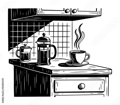 French press coffee vector illustration – steaming cup and cafetiere on cozy kitchen counter with tiles, aromatic morning beverage concept
