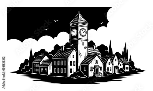 Clock tower village skyline vector illustration – old European town with tall steeple, houses under night sky with crescent moon, monochrome engraving style
