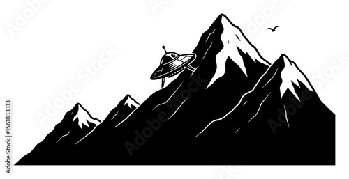black and white vector of a flying saucer over sharp mountain peaks with snowy tops