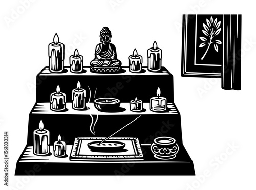 zen altar setup with buddha statue, candles and incense on shelves, peaceful spiritual corner in vintage engraving