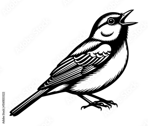 detailed vector of songbird chirping with open beak, perched in profile, elegant engraving of wild bird
