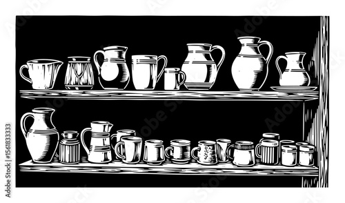 ceramic jars and jugs on shelves vector