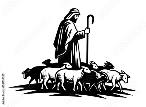 shepherd with flock of sheep in engraving style vector, religious or pastoral black and white illustration