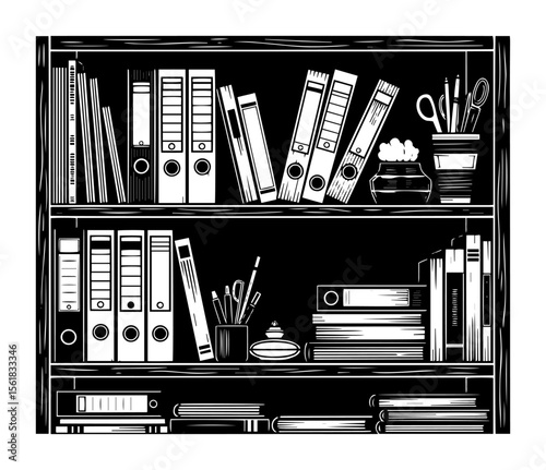 office shelf with folders, books and stationery in vintage black and white vector engraving style