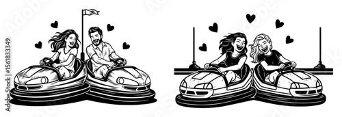 bumper car couple rides in love, amusement park dating vector in vintage black and white style