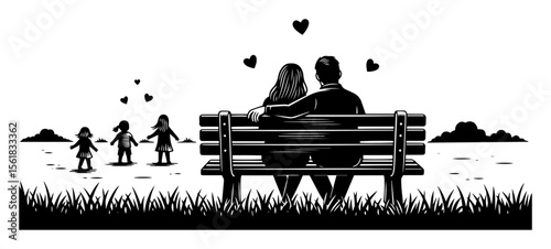 loving couple on park bench family scene vector