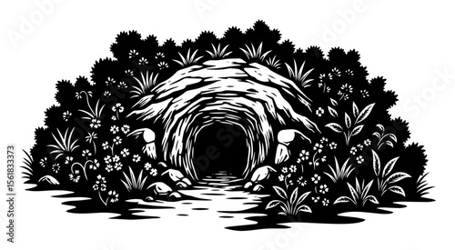black and white vector of forest cave hidden in bushes, vintage engraving style