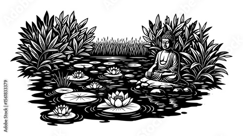 black and white vector of buddha statue meditating by a lotus pond, engraving style