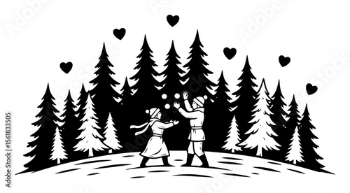 winter forest love scene vector illustration