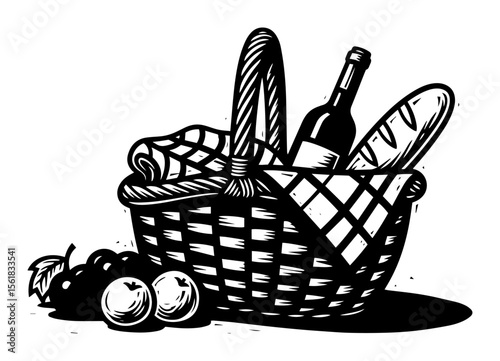 Picnic basket vector engraving – wicker hamper with wine bottle, baguette, apples and grapes, cozy outdoor lunch concept in vintage black and white style