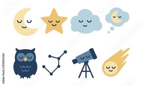 Cute nocturnal elements: moon, stars, clouds, owl, constellation, telescope, and shooting star