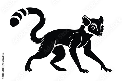 Stylized black and white lemur illustration on a white background suitable for various design projects