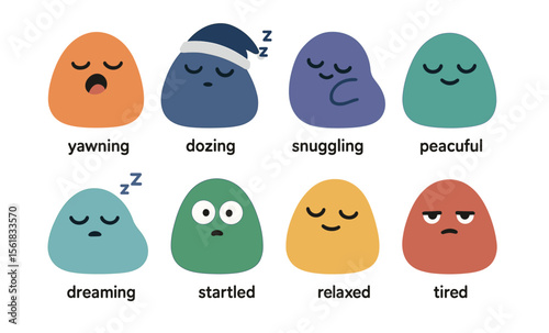 Colorful cartoon emotions: cute blob expressions with sleepy and relaxed faces