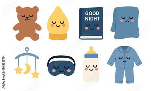 Cute and cozy bedtime elements: teddy bear, nightlight, book, blanket, mobile, sleep mask, bottle, pajamas