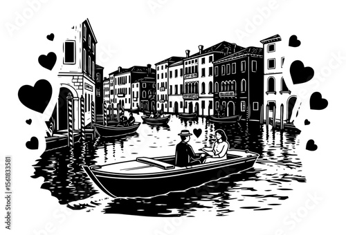 romantic couple in boat on venice canal with hearts vector style