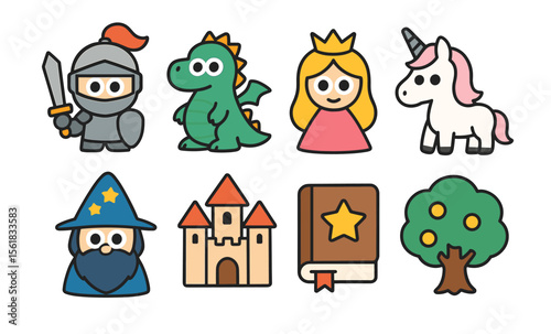 Medieval cartoons: knight, dragon, princess, unicorn, wizard, castle, book, tree icons