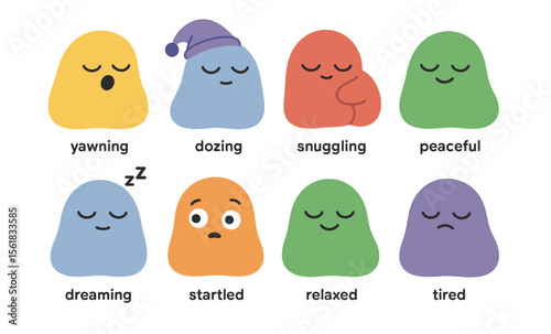 Colorful cute blobs expressing emotions with sleepy and relaxed expressions