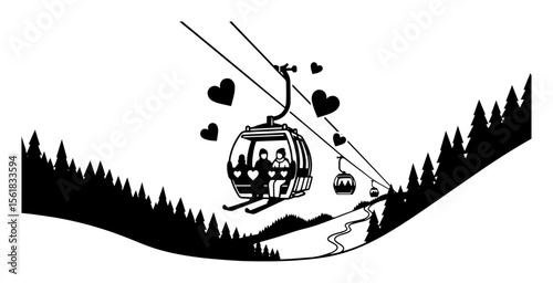 black and white vector of couple in cable car with hearts, surrounded by mountain forest