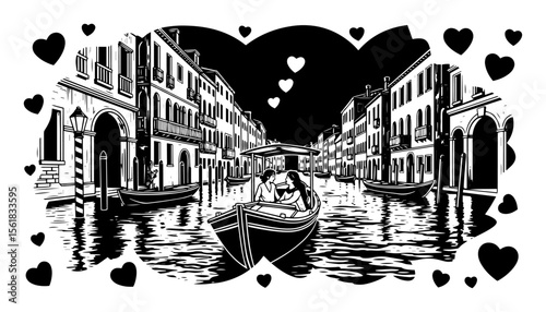 romantic gondola ride at night in Venice with heart-shaped frame and canal reflections