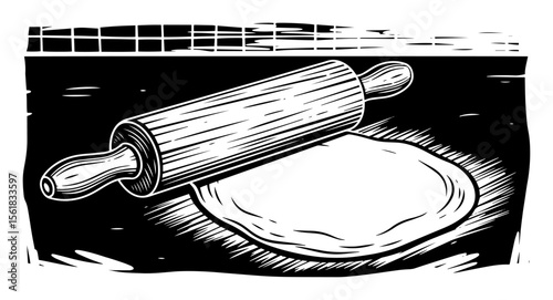 black and white vector of rolling pin on dough resting on kitchen counter in woodcut style