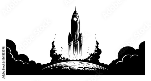 rocket launching from earth black and white vector