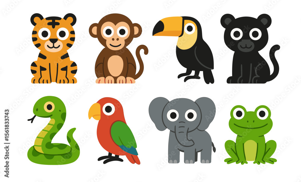 Obraz premium Cute cartoon jungle animals set featuring tiger, monkey, toucan, panther, snake, parrot, elephant, frog