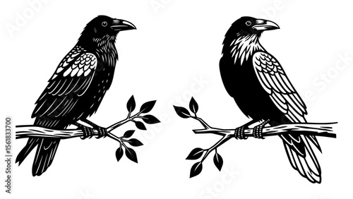 pair of ravens sitting on branches vector