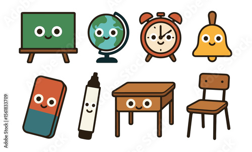 Cute school supplies with faces: chalkboard, globe, alarm clock, bell, and more