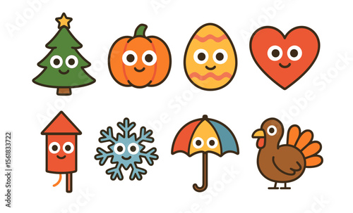 Cute holiday icons: christmas tree, halloween pumpkin, easter egg, heart, rocket, snowflake, umbrella, turkey
