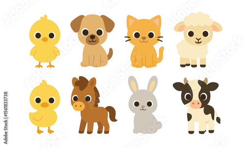 Cute cartoon farm animals collection: chick, puppy, kitten, lamb, duck, pony, bunny, calf