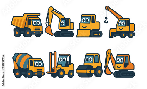 Cute cartoon construction vehicles: playful digger, crane, bulldozer, and more