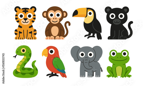 Cute cartoon jungle animals set featuring tiger, monkey, toucan, panther, snake, parrot, elephant, frog