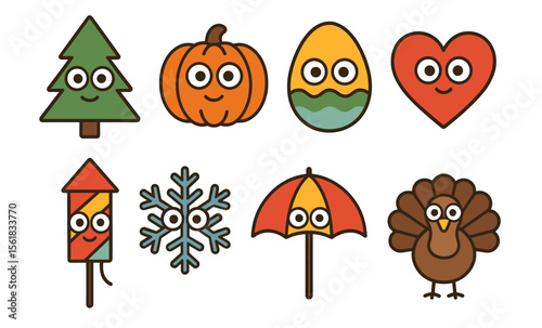 Cute holiday icons: christmas, thanksgiving, easter, and new year festive symbols