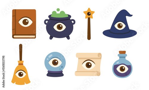 Whimsical witchcraft icons: spellbook, cauldron, magic wand, hat, broom, crystal ball, potion, black cat, spider