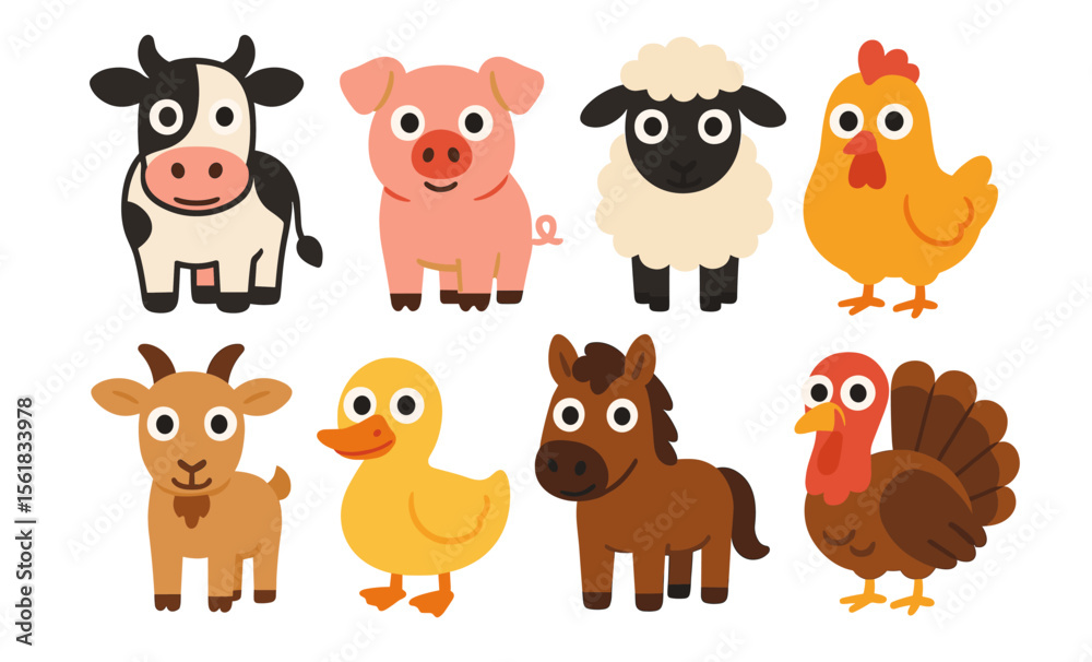 Fototapeta premium Cute cartoon farm animals collection featuring cow, pig, sheep, chicken, goat, duck, horse, and turkey