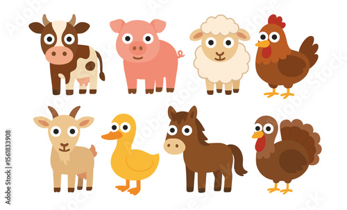 Cute farm animals cartoon collection: cow, pig, sheep, chicken, goat, duck, horse, turkey