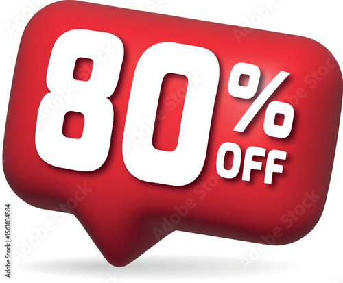 Discount Icon: Capturing an irresistible offer with a 3D rendered speech bubble showcasing an enticing 80% off, a visual beacon for savings and deals.