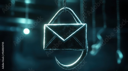 A dark, metallic email symbol shaped like a hook hangs from chains.