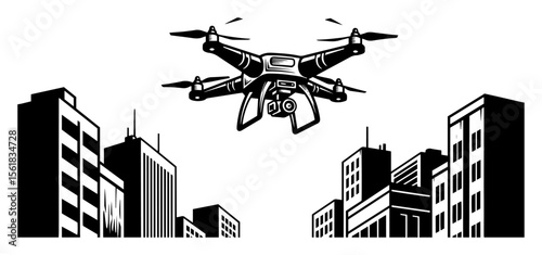 drone hovering over city buildings, retro engraving style black and white vector illustration