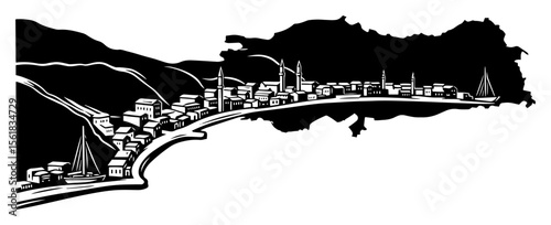 coastal city skyline engraving vector
