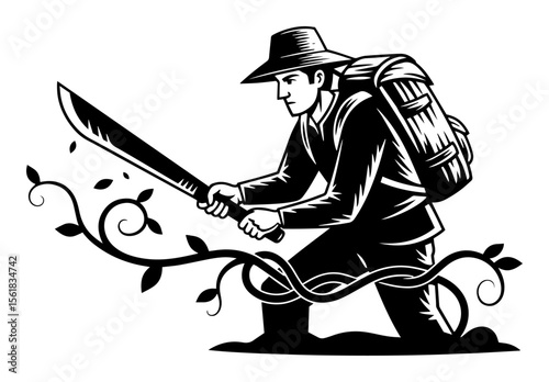 man exploring jungle with machete, classic black and white woodcut style vector illustration